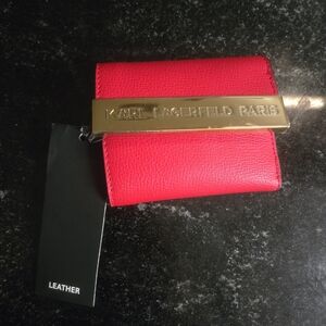 Karl Lagerfeld Red Leather Compact Wallet with Gold Accent